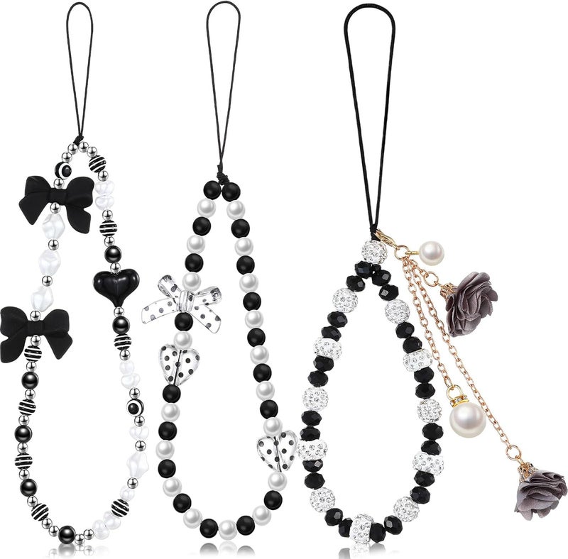 Ecally Store 3 Pcs Phone Charms Strap Camera Charm Strap Pearl Beaded Butterfly Bow Flower Cute Phone Wrist Lanyard Bracelet for Camera Keychain Wallet Decor Valentine Gifts - Image 1